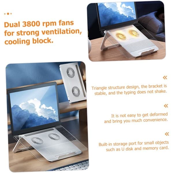 Bærbar computerkøler med 2x 3800 RPM blæsere, justerbart laptopstativ