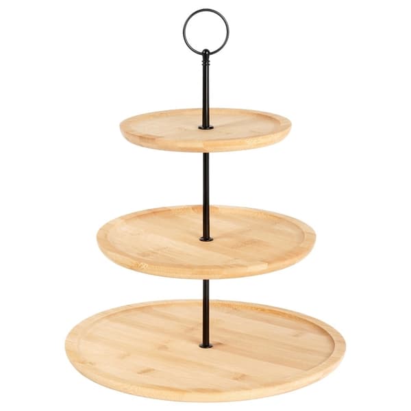 3-etasjers kakefat i bambu, 34 cm, svart metallhåndtak