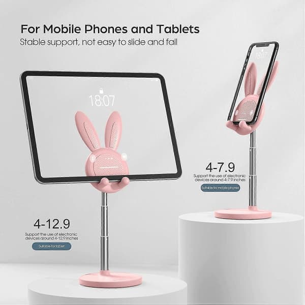 Cute Rabbit Phone Holder, Angle and Height Adjustable Cell Phone Stand for Desk, Compatible with Thick Cases