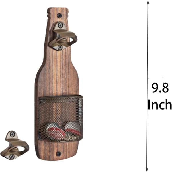 Wall Mounted Wooden Bottle Opener with Cap Catcher, Rustic Beer Opener with Mesh Basket Design, a Space-Saving Accessory that Fits