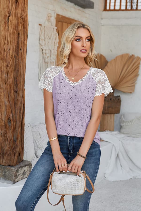 Damebluse Kortermet V-hals Blondekant Ensfarget Lilla M Purple M
