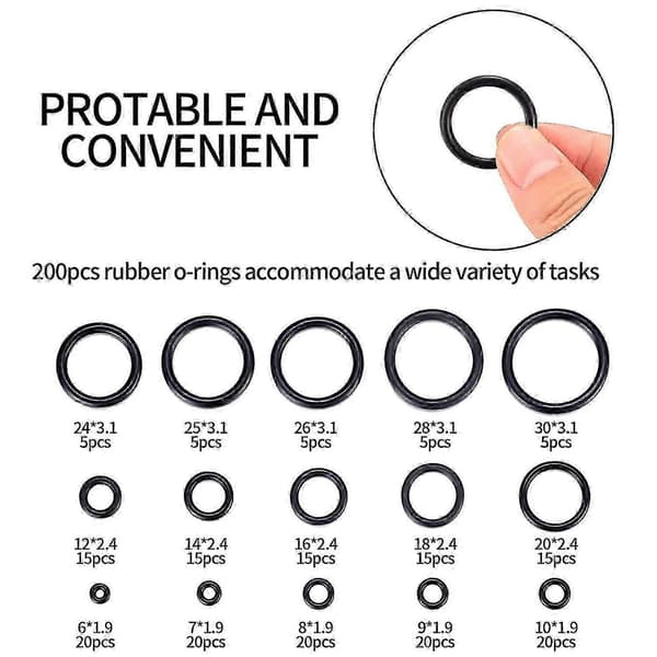 200 st. O-ringe, 15 størrelser gummi, O-ringe kompatible med VVS-isolering, rørforsegling