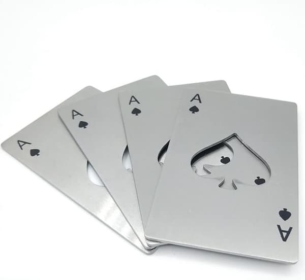 10 stk. Poker-flaskeåpner i rustfritt stål, kredittkortstørrelse, spar ess-design
