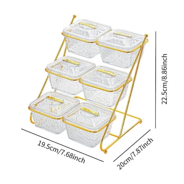 Serveringsbakke med 6 rum til snacks med låg og displaystativ til slik, nødder, appetitvækkere, fester, klar guld 22,5 cm