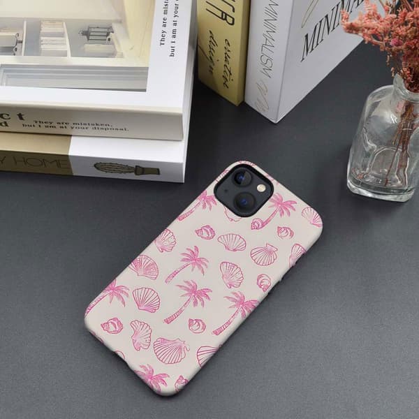 Skal Kompatibelt med iPhone 15, Rosa Snäckskal Palmträd Strandskal