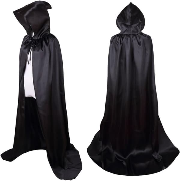 Sort lang kappe med hætte, satin, middelalder vampyr heksekostume, 150 cm 150CM