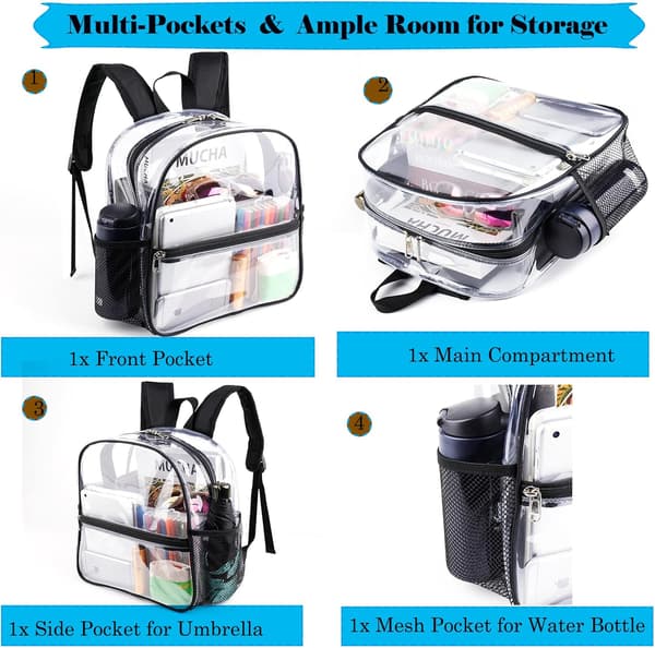 Mini Clear Backpack 12x12x6 Stadium Approved Plastic Backpack, Black, Sport