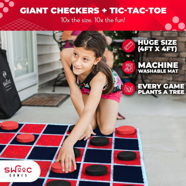 Pelit - 2-in-1 Vintage Giant Checkers ja Tic-Tac-toe matolla (4' x 4') - 100% konepestävä kangas - Jättimäiset ulkoilmapelit lapsille - Nurmikkopelit