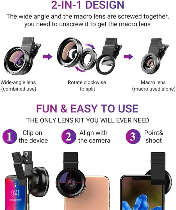 2-in-1 Camera Lens Kit for Mobile Phone - 0.45x Wide Angle Lens and Macro Lens - Silver silver