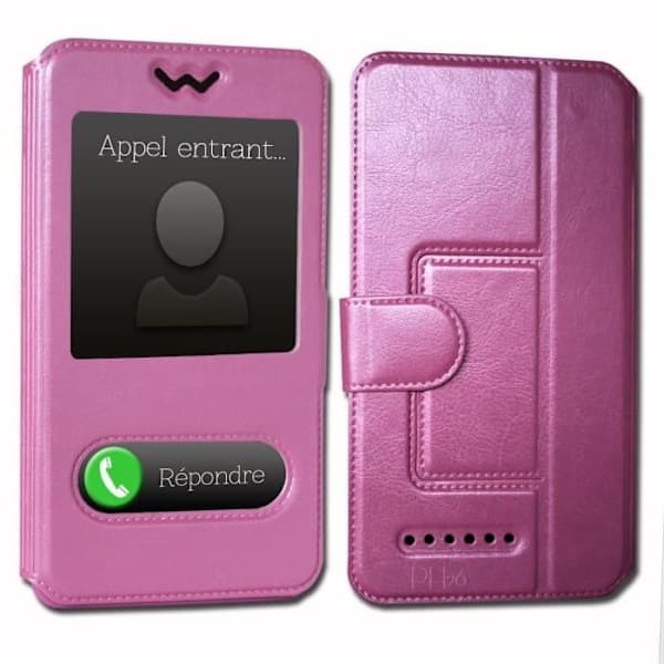 Archos Access 57 Extra Slim Pink Folio Case X 2 Windows in Organic Quality Leather with Magnetic Closure and Stitching