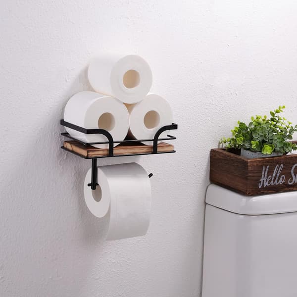 Rustik toiletpapirholder med hylde i landlig stil, træ og sort metal