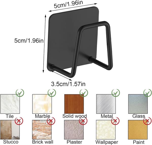6 Sponge Holder Hooks - Self-Adhesive Kitchen Sponge and Dishcloth Holder - Stainless Steel, Waterproof - Black - 5*5 cm