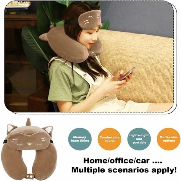 Adjustable Memory Foam Travel Pillow with Eye Mask for Travel, Airplane Neck Support (Light Brown)