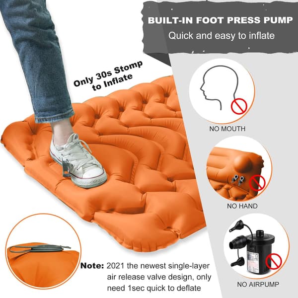 Camping Sleeping Pad, Ultralight Camping Mat with Built-in Foot Pump Inflatable Sleeping Pad - Orange