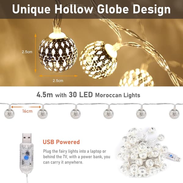 LED String Lights Indoor - USB String Lights Outdoor Electric, 30 Moroccan Silver Balls with Remote Control