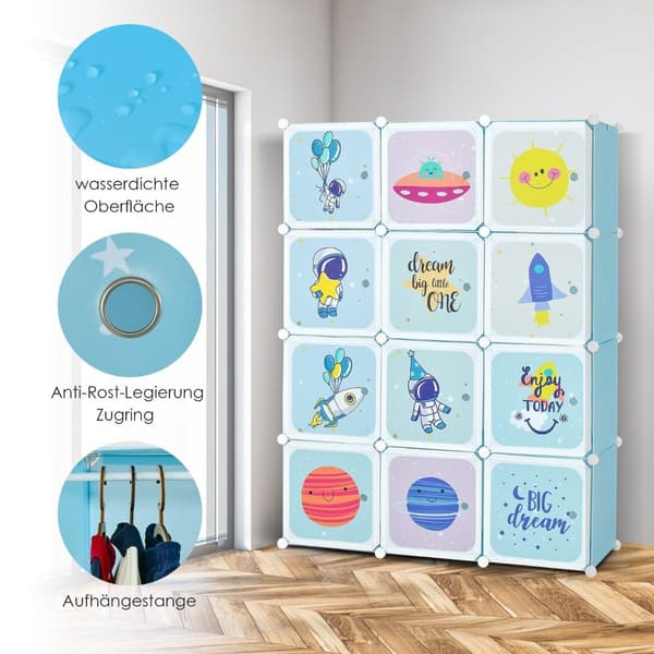 Barnegarderobe med 2 hengeseksjoner & 12 kuber, blå