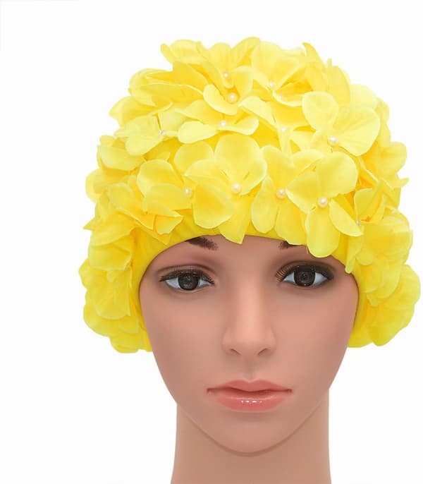 Gul retro badehette for kvinner med blomstermønster i polyamid-lycra med stretch