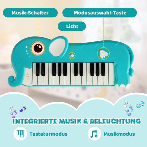 25-tangenters digitalpiano for barn, musikk og lys, blått