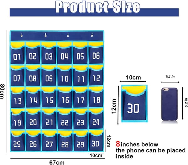 Numbered Pocket Chart for Classroom, 30 Pockets Wall Hanging Chart Classroom Storage Bag Phone Holder Hanging Organizer with Numbers