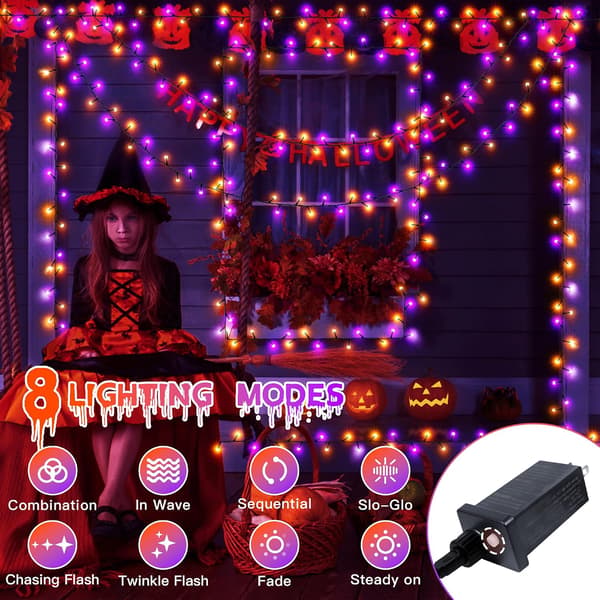 Halloween-lys udendørs 300 LED 100FT orange og lilla 8 tilstande timer plug-in indendørs udendørs