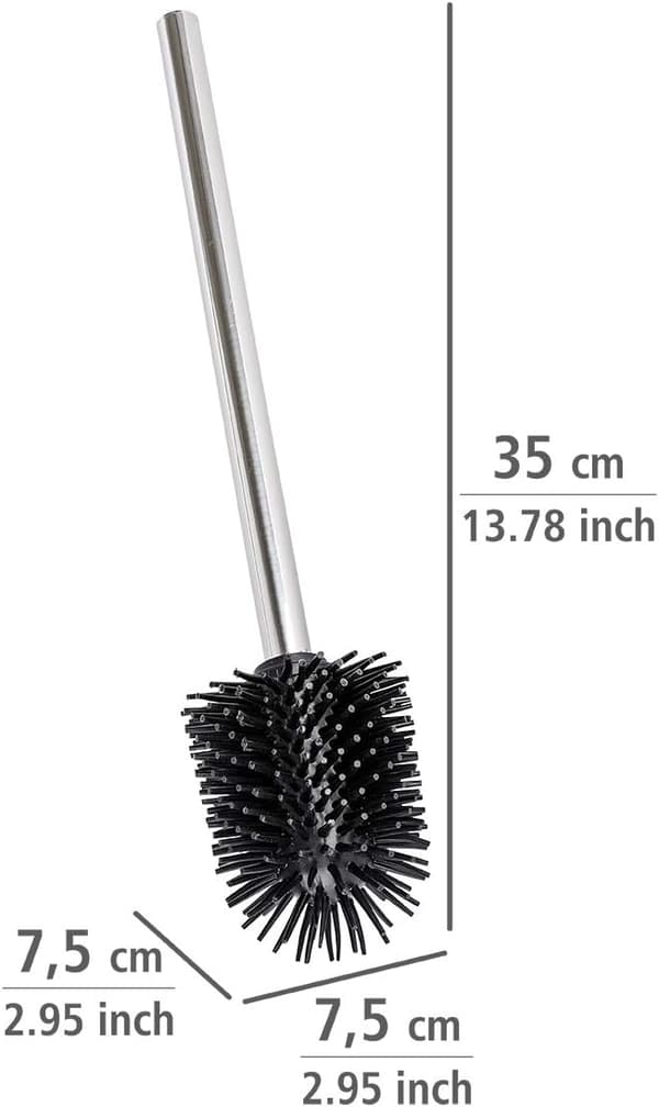 7,5 x 35 x 7,5 cm, Silikonbørste med håndtak i rustfritt stål - Toalettbørste med silikonerstatningshode, Rustfritt stål, Blank