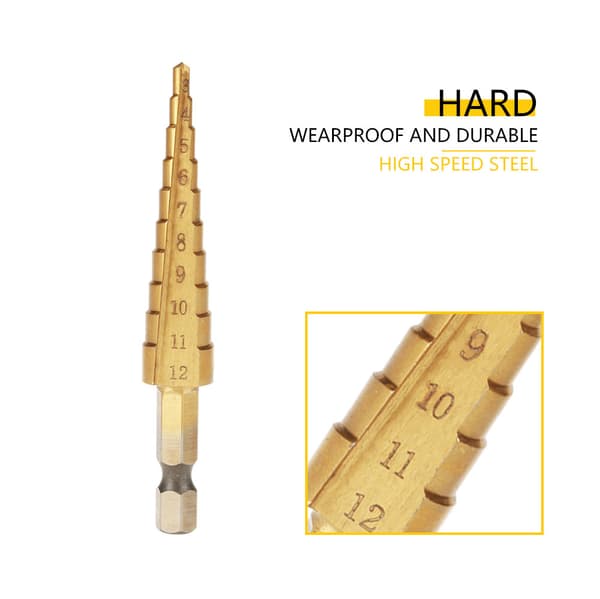 High-Speed Steel Step Cone Drill Bit Set Titanium Coated Hex Shank 3-12mm