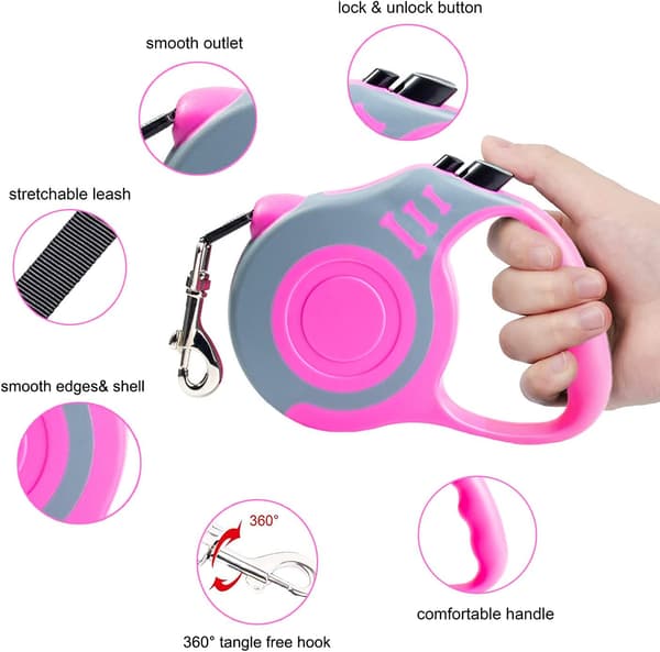 Retractable Dog Leash, Lightweight Leash with Non-Slip Handle, for Small and Medium Dogs (Grey Pink, 16ft)
