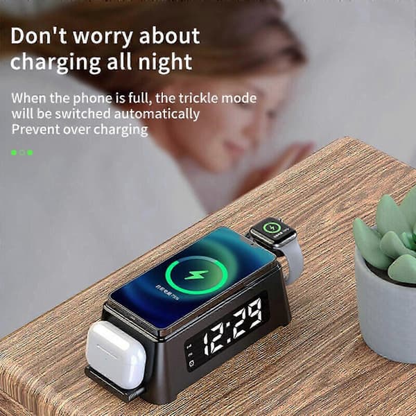 4-i-1 digital bord-vekkerklokke termometer Qi trådløs lader 15W for iPhone Cortical panel