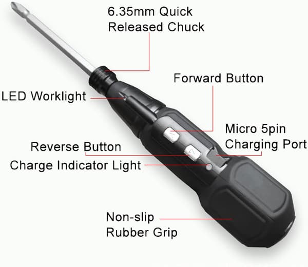 3,6 V elektrisk skrutrekker, oppladbar, 6,35 mm dobbelthodebit med LED-lys og USB-ladekabel