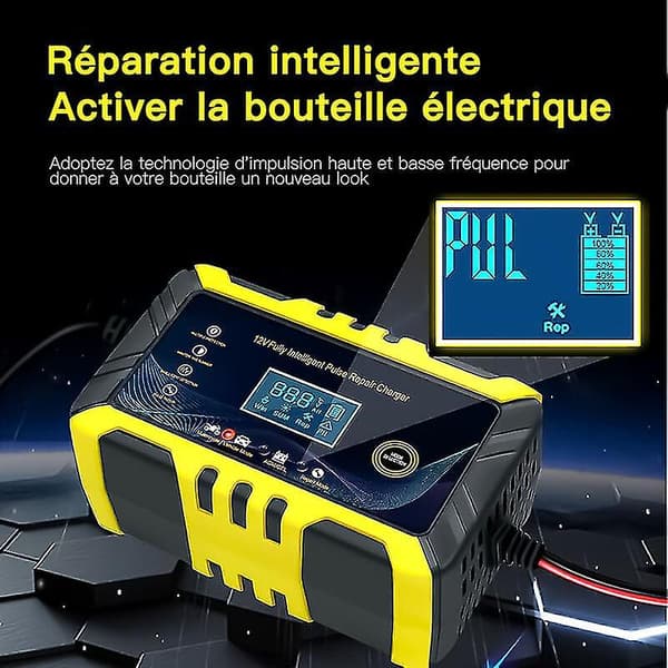 Bilbatterioplader 12V 6A Smart Batterioplader LCD-display Vedligeholder Sort/Gul