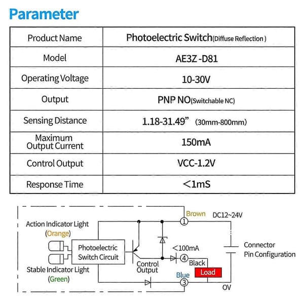 Fotoelektrisk sensorbrytare AE3Z-D61 NO+NC DC10-30V 80cm reflekterande