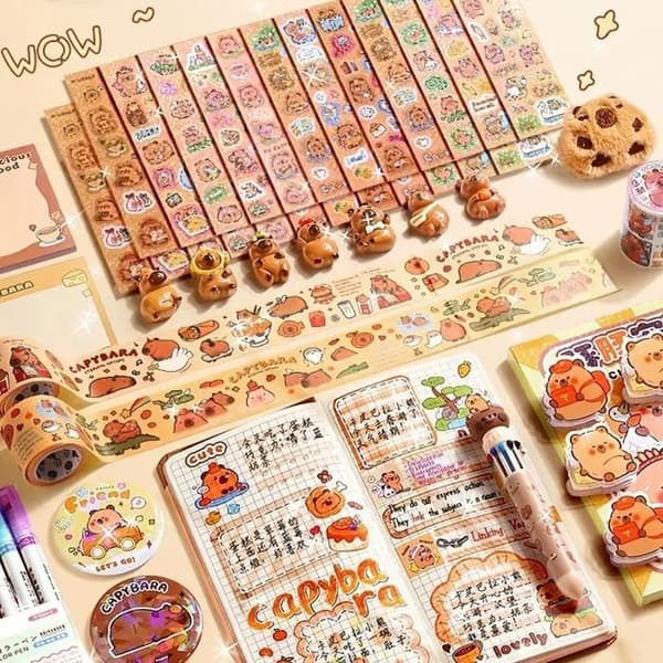 Kawaii Capybara Stationery Set: Includes Pens, Stickers, and Pencil Sharpener - Gift Box for Kids