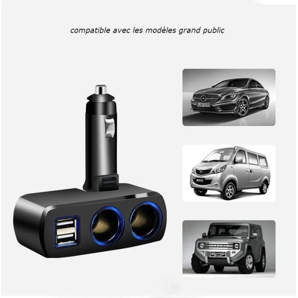 12V Multi-uttakslader - Ecent - 2 Sigarettenneruttak - 2 USB-porter - Integrert LED