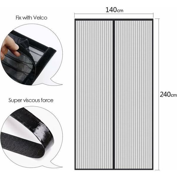 Black Magnetic Mosquito Net Door 140x240cm Fly Screen Curtain with Adhesive Strap, Automatic Closure, Ultra-fine Mesh, Installation