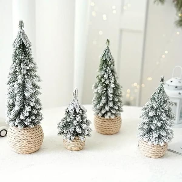 Mini Artificial Christmas Trees - IHABOR - 4-Piece Set - Snowy Branches - Linen Style Pots - 16-30 cm