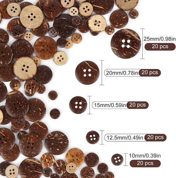 Treknapper for søm - 120 naturlige kokosnøttskall, 4 hull, 6 størrelser 10/11,5/12,5/15/20/25 mm, runde