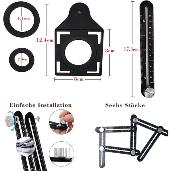Multi-angle Measuring Ruler with Positioning Holes, 6-Sided Aluminum Alloy Folding Ruler, Template Measuring Tool, Black