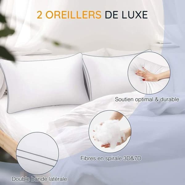 Sett med 2 hvite puter (50x70 cm) – 1000g mikrofiberfyll – Pustende polyestertrekk – Middfri og allergivennlig