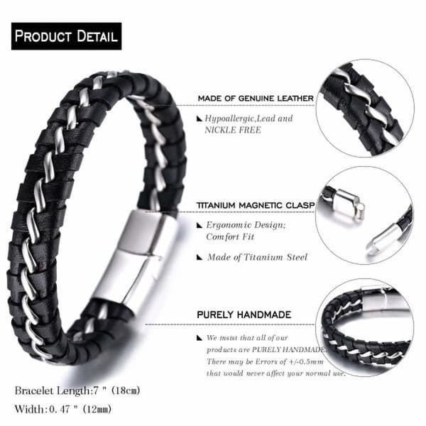 Drenge Ægte Læderarmbånd Sort. Titanium Sølv Kæde