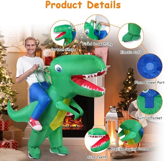 Oppblåsbart T-Rex dinosaurkostyme for voksne og barn, grønt Halloween-kostyme