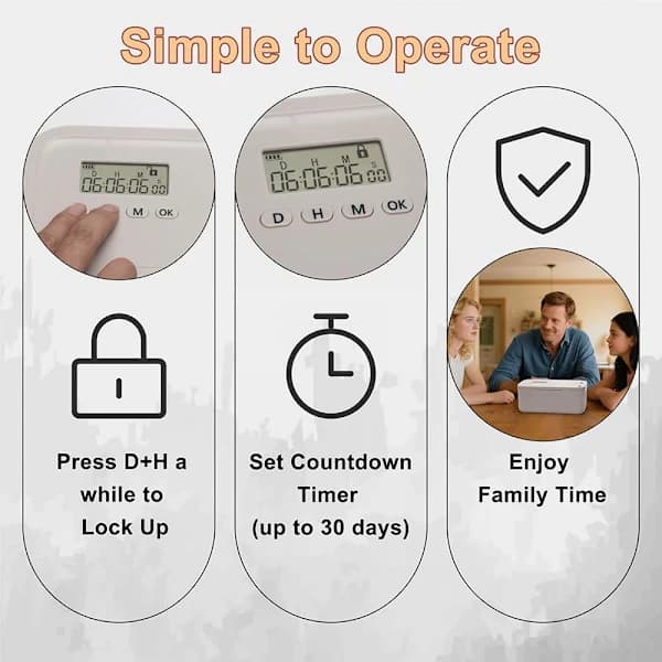 Timer Lock Box Adjustable 0-30 Days Secure Storage for Snacks, Medicine, Phones, and Electronics for Self-Control Home Use