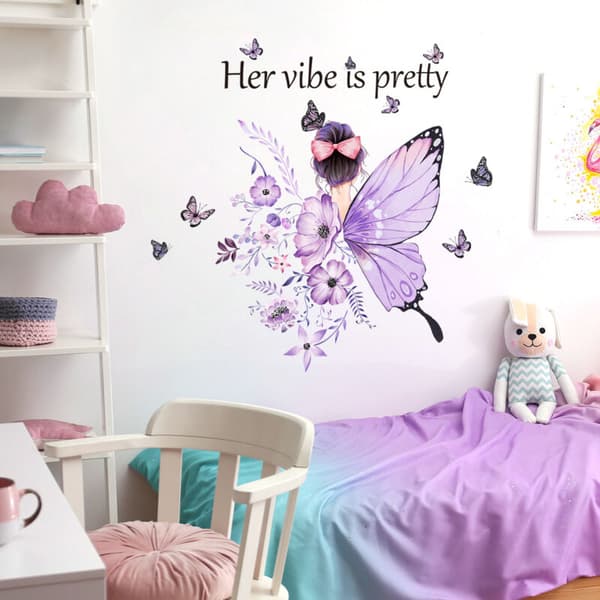 Perhosseinätarrat tytöille, violetit seinätarrat 30x60 cm