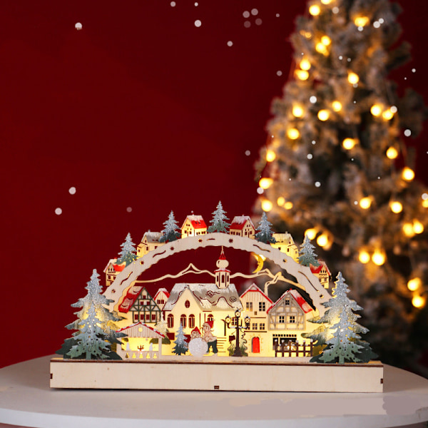 Træjulepynt, LED-belysning, julelandsbybutik