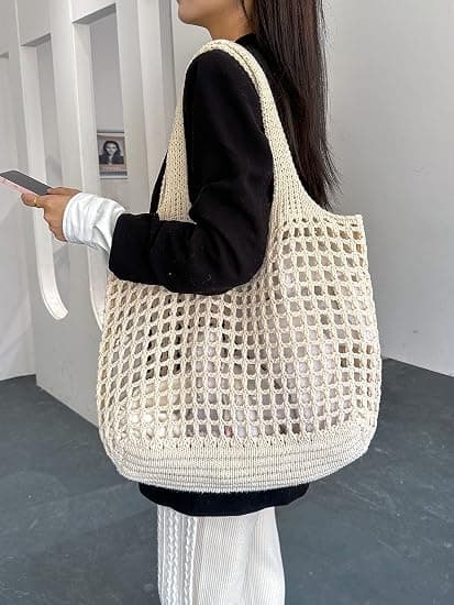 Hæklet strandtaske til kvinder off-white 44x56 cm
