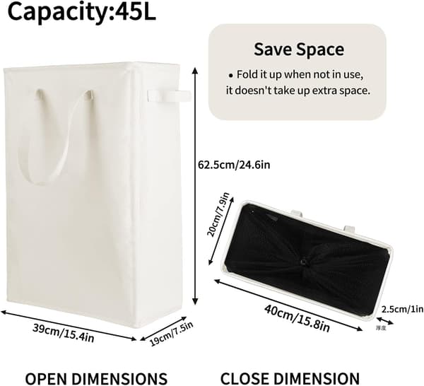 2-pack Slim Laundry Basket, Foldable Laundry Hamper, Slim Dirty Clothes Storage, Slim Foldable Laundry Bag, Space Saving Basket Beige Beige Beige