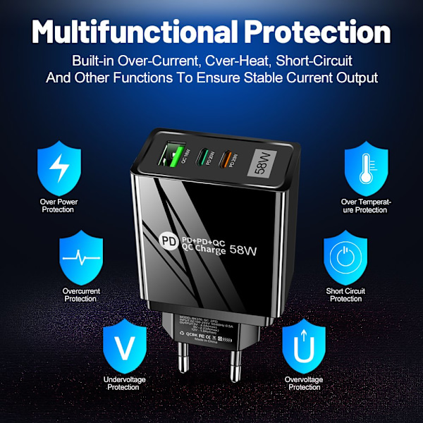 58W USB C Vegglader 3-Port GaN PD Hurtiglading Dobbel USB-C Svart Svart black