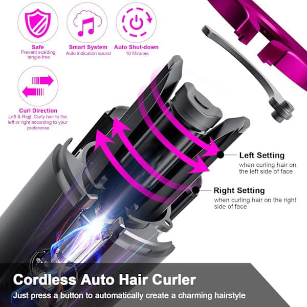 Cordless curling iron with 6 temperature settings, ceramic coating, LCD display, adjustable timer, automatic rotating hair curler