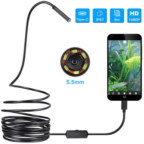 USB-endoskooppi 5,5 mm 3-in-1 vedenpitävä tarkastuskamera 5 metrin johdolla, yhteensopiva Android PC Mac Windows OTG Type C Micro USB:n kanssa
