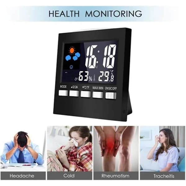 Söt liten digital väckarklocka med väderfunktion, sängklocka med tid, temperatur och luftfuktighet, 12/24H för hem, sovrum och kontor