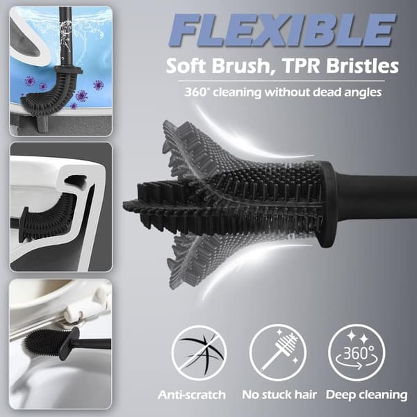 Silicone Toilet Brush with Quick-Drying Holder, Flexible Flat Deep Cleaning Head, Wall-Mounted or Floor-Standing, Black